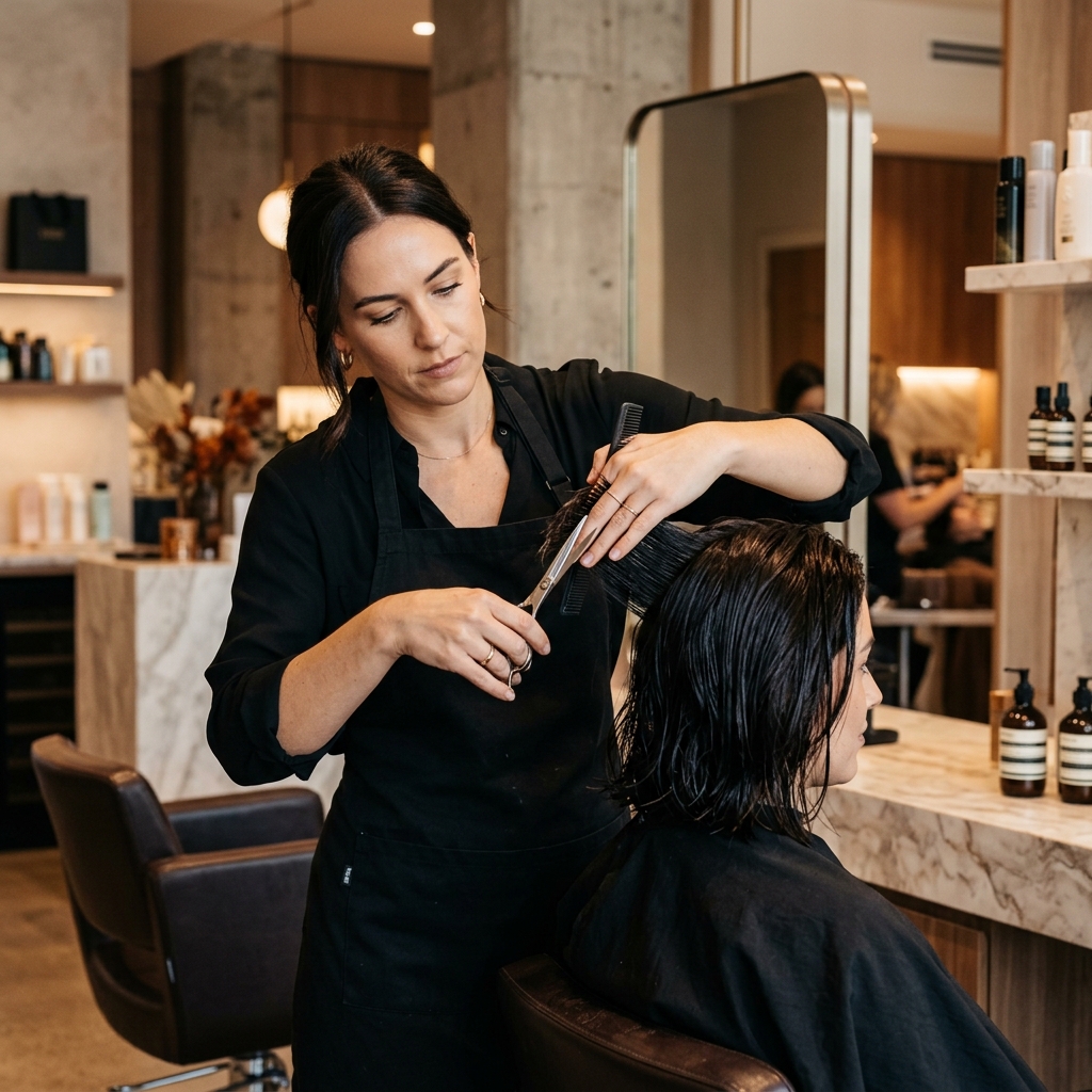 Professional hair stylists cutting hair at NR Salon